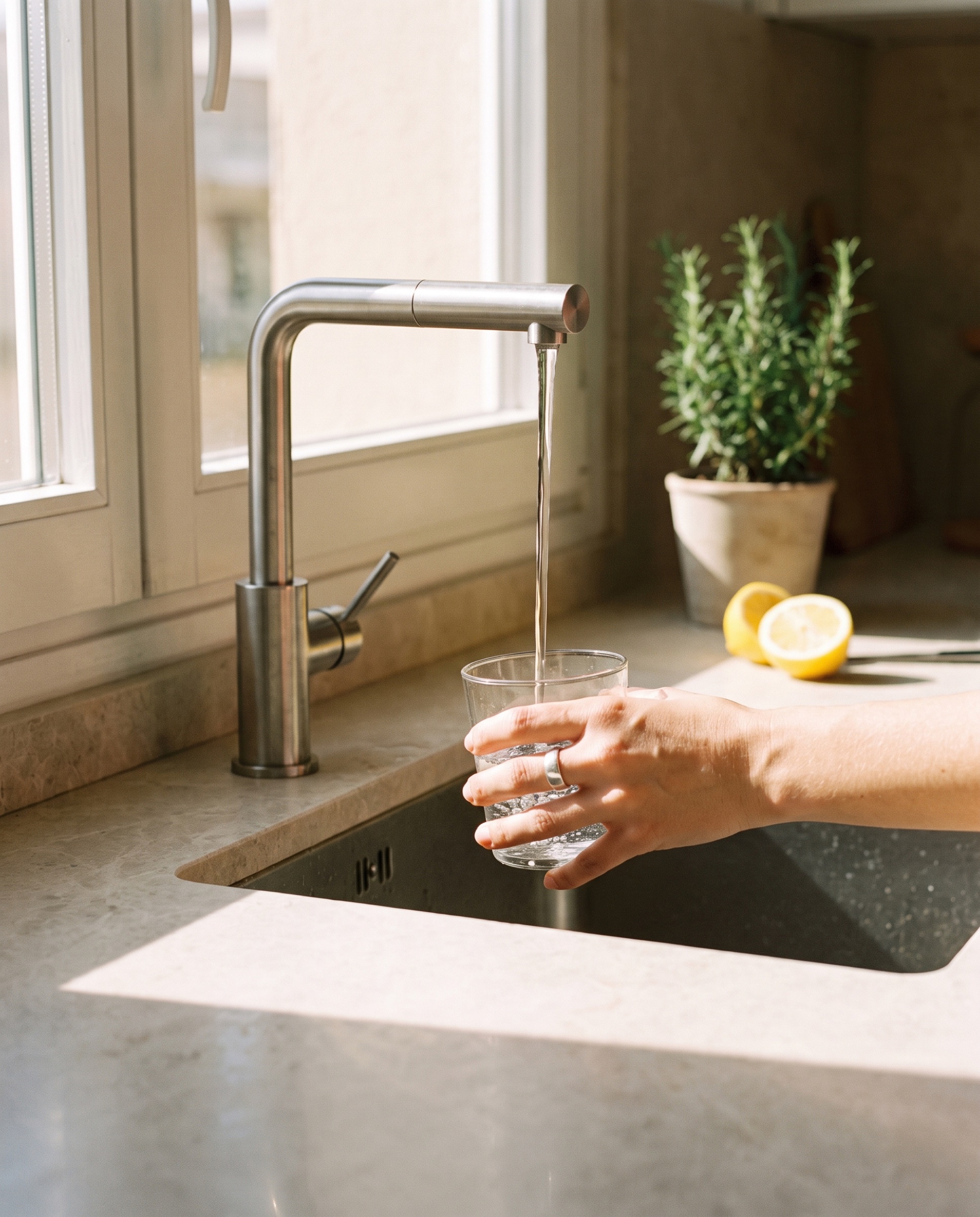 Una mano llena un vaso de agua filtrada en el grifo de una cocina luminosa